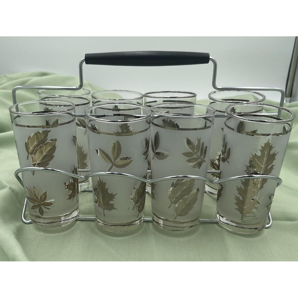Vintage Libbey Golden Foliage Glasses Set of 8 with Caddy & Original Box MCM Bar
